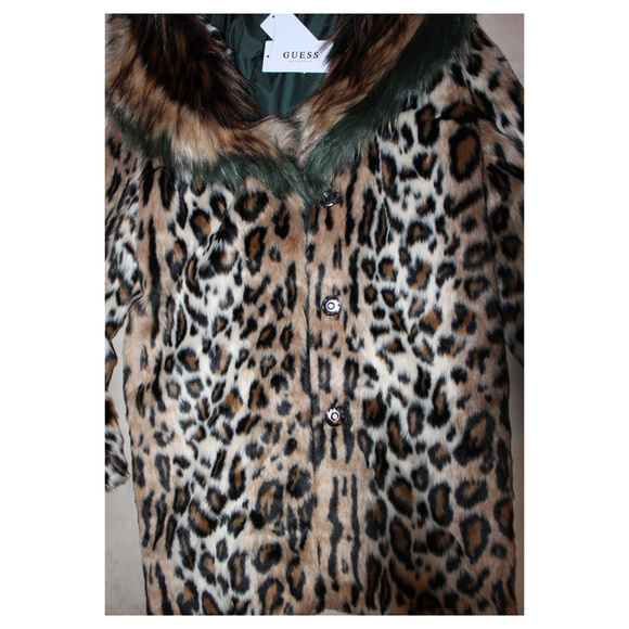 GUESS Natalia Faux Fur Coat Animal Print Tan Brown Celebrity Glam Luxe Jacket - Picture 7 of 8